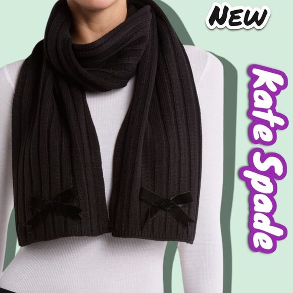 New NWT Kate Spade New York velvet bow knit scarf - Black - Onesize - Picture 1 of 2